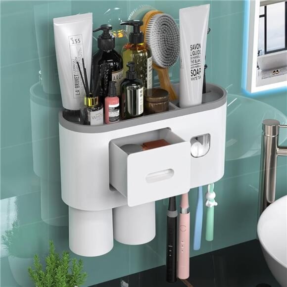 Toothbrush Holder Wall Mounted, Automatic Toothpaste Dispenser Squeezer Kit - Picture 1 of 7